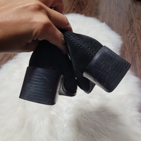 Essentials Black Suede Booties Chunky Heel Zippered Womens Casual Square Toe 5 - Picture 4 of 9